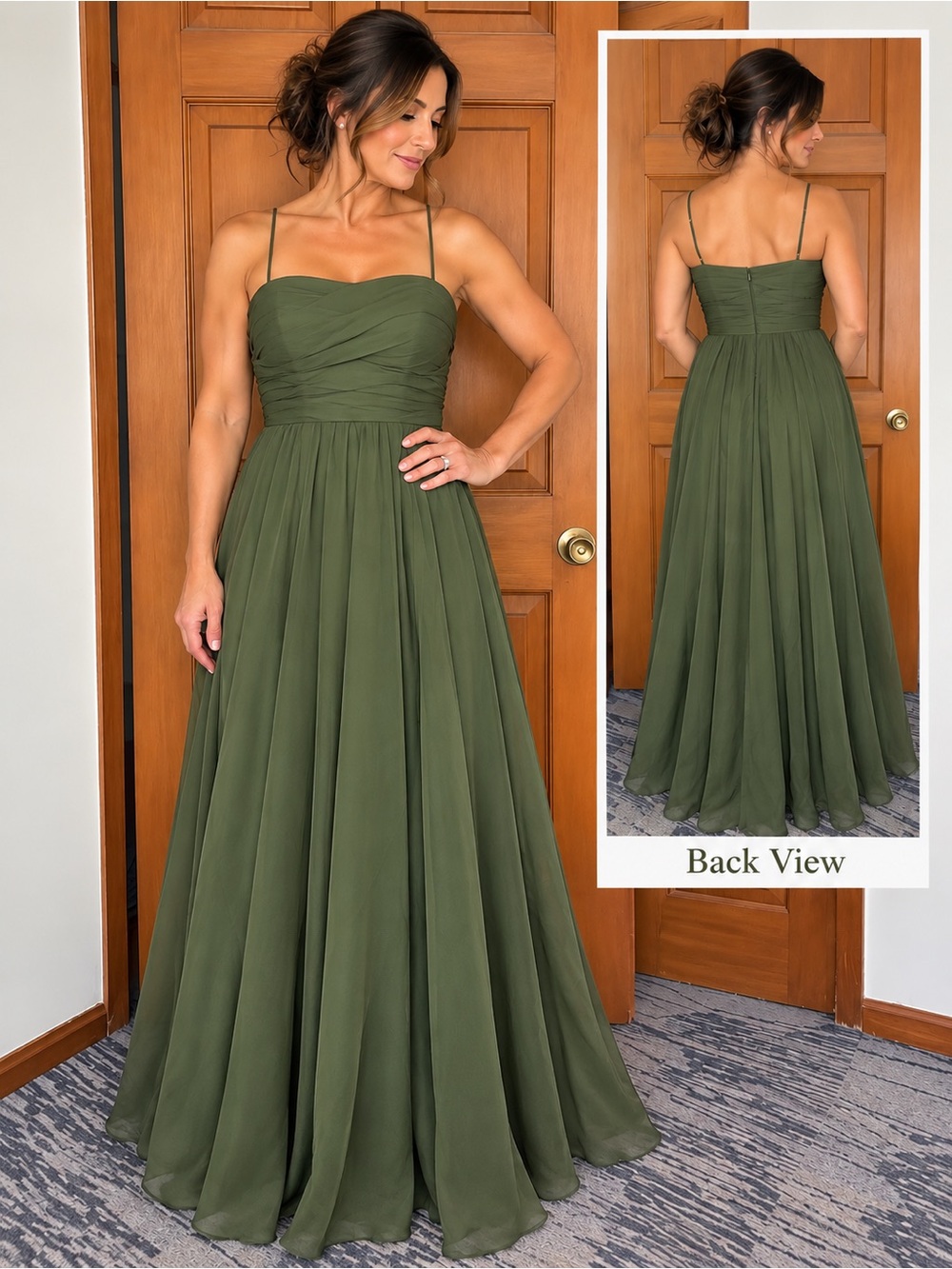 Vera Wang Olive Green Spaghetti Strap Chiffon Prom Gowns